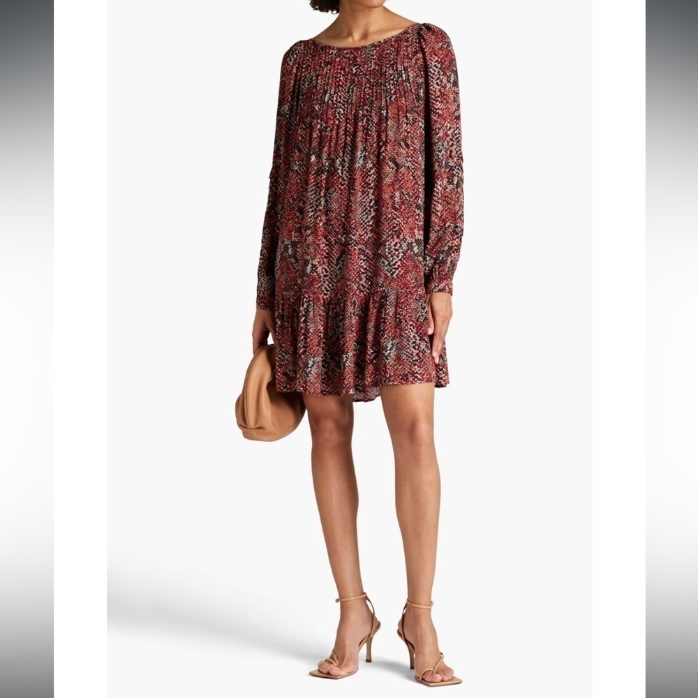 Nicholas Devan Gathered Snake-Print Crepe Long Sleeve Tie Back Mini Dress 12